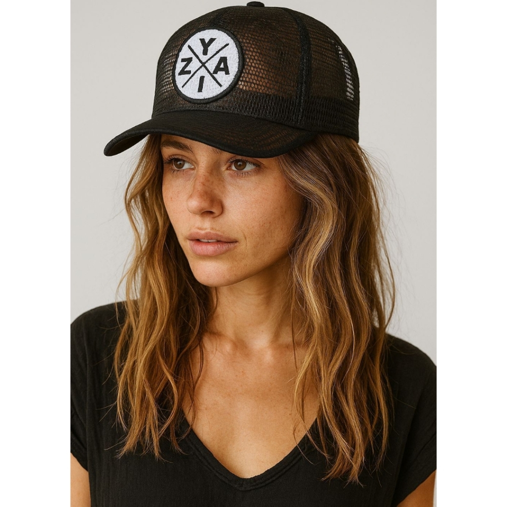 ZYIA Black X Mesh Trucker‎ Hat Women’s Adjustable Snapback Logo Cap NWT